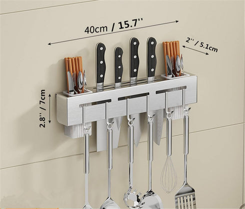 Wall Mount Utensil Holder, 15.7'' Stainless Steel Kitchen Utensil Rack, Multi-use Hanging Storage Organizer Rack with Knife Holder, Towel Bar, Flatware Slot and 6 Removable Hook by chenyesun