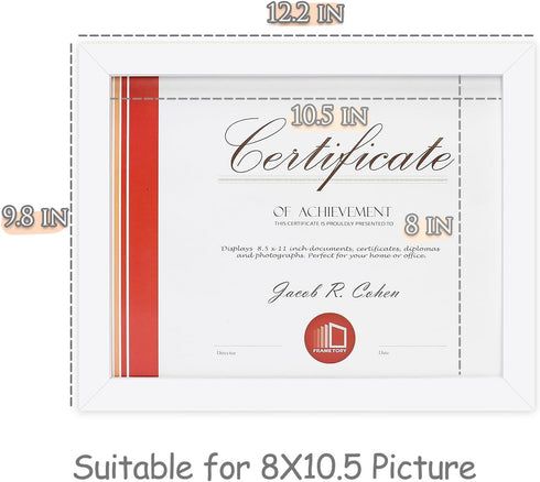 Frametory 8.5 x 11 Picture Frame with Back Hangers for Wall Display, Easel Stand for Certificates and Documents (White,