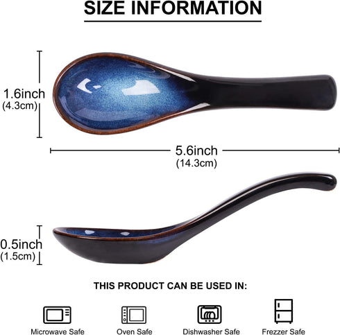 Asian Soup Spoon Set, 2pcs Blue Japanese Ceramic Soup Spoons for Ramen, Rice, and Stews