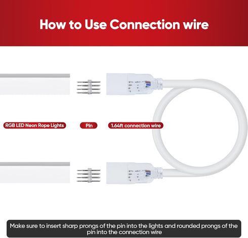 Shine Decor Connecting Parts Kit, 2 Connection Wire Cables & 1 Connector with 4-Prong Pin for RGB LED Neon Rope Lights