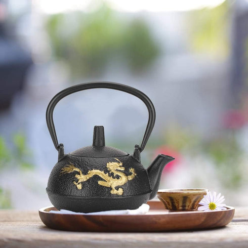 Japanese Tetsubin Cast Iron Tea Kettle - Stovetop Teapot with Gold Dragon Pattern, 0.3L