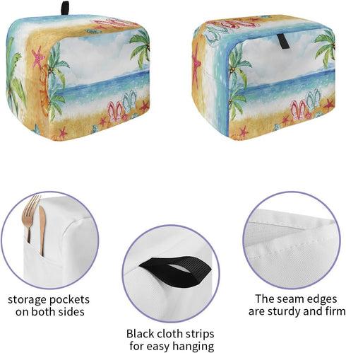 Toaster Dust Cover with Pockets, Watercolor Style Beach Coconut Tree Flip Flops Soft Washable 4 Slice Toaster Cover, Dust-proof Cover for Small Appliance Cover and Fingerprint Protection