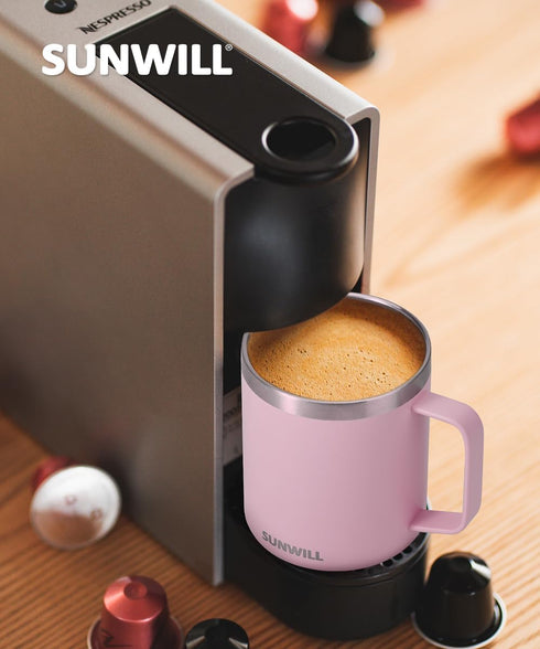 SUNWILL Insulated Coffee Mug - 14 oz Stainless Steel Travel Tumbler with Lid, Powder Coated Sakura