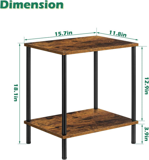 2 Small End Table Tier Wood Metal Rustic Side Table Living Room with Storage Shelf Narrow Bedside Table for Small