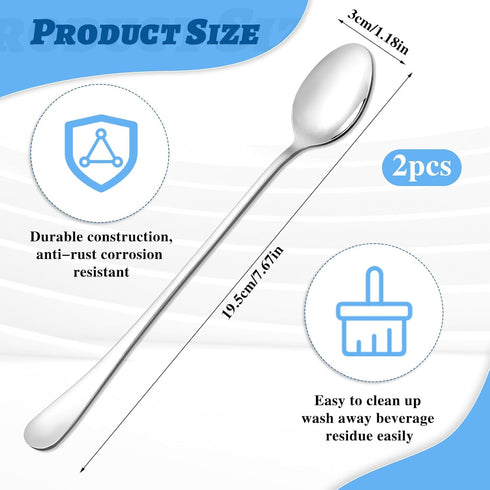 2 PCS Long Coffee Spoons Long Handle Ice Tea Spoons Stainless Steel Long Spoon Silver Ice Cream Spoon Cocktail Mixing Spoons for Cold Drink Ice Cream Coffee Dessert Shakes