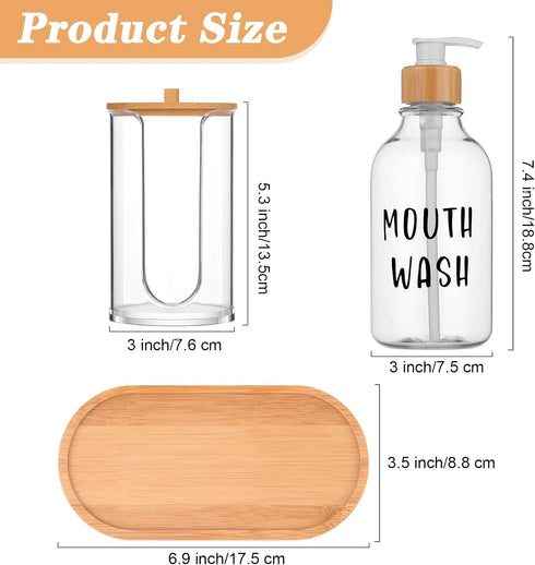 1 Set 17 Oz Mouthwash Dispenser for Bathroom Refillable Mouth Wash Pump Bottle Paper Cup Holder with Bamboo Lid