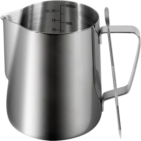 20oz 600ml Milk Frothing Pitcher, Large Capacity Stainless Steel Milk Coffee Cappuccino Latte Art Jug with Latte Art Pen