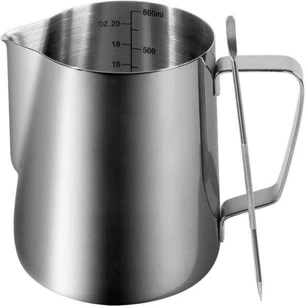 20oz 600ml Milk Frothing Pitcher, Large Capacity Stainless Steel Milk Coffee Cappuccino Latte Art Jug with Latte Art Pen