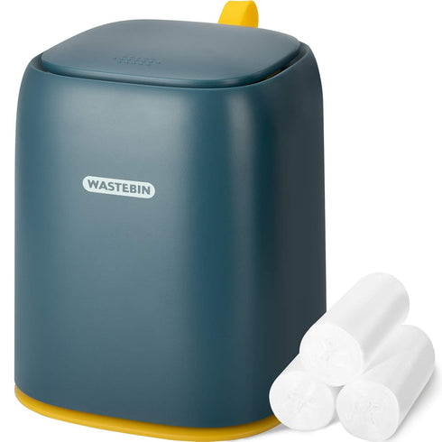 Mini Countertop Trash Can with 3 Rolls of Trash Bags, 1.5 L Wastebasket with Press Type Lid, Navy Blue