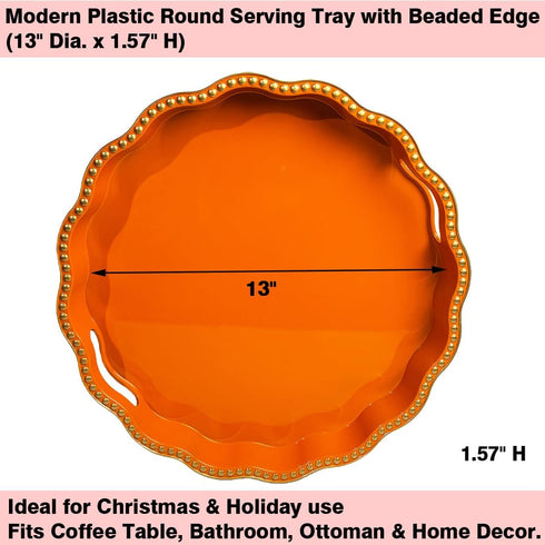 Counter, (13") Orange Decorative Tray for Coffee Table, Wavy Scallop Beaded Plastic Serving Tray forKitchen Ottoman