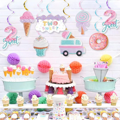 Pastel Ice Cream Two Sweet 2nd Birthday Party Supplies, Ice Cream Donut Hanging Streamers for Summer Party