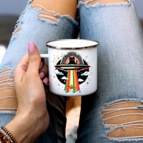 Retro UFO Cat Fish Abduction Enamel Campfire Mug, Fun Outdoor Camping Coffee Cup (12oz)