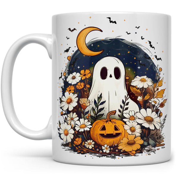 Fall Halloween Ghost Coffee Mug, Cottagecore Autumn Pumpkin Gift Cup for Mom, Friend, Coworker (11oz)