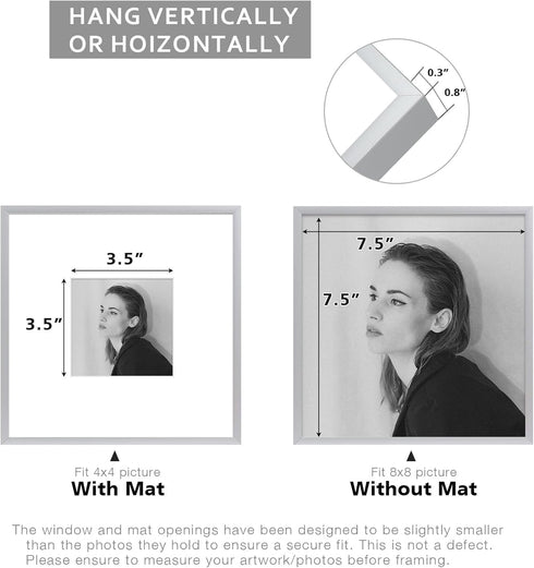 Golden State Art 8x8 Aluminum Picture Frame - Silver, with Mat for 4x4 Photo or Without Mat for 8x8 Photo