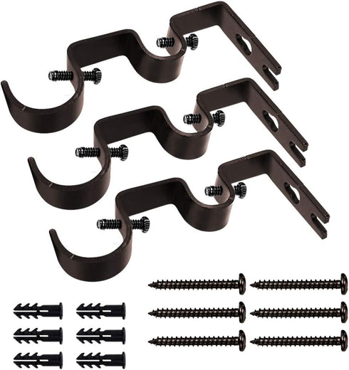 TLBTEK 3pcs Brown Heavy Duty Curtain Rod Brackets, Adjustable Wall Mount Holders for Window
