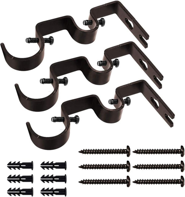 TLBTEK 3pcs Brown Heavy Duty Curtain Rod Brackets, Adjustable Wall Mount Holders for Window