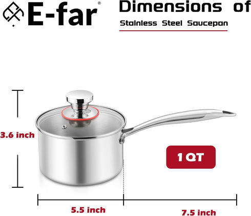 E-far 1-Quart Saucepan, Tri-Ply Stainless Steel Sauce Pan with Glass Lid, Small Cooking Induction Pot Compatible with All Cooktops, Non Toxic, Oven & Dishwasher Safe by E-far
