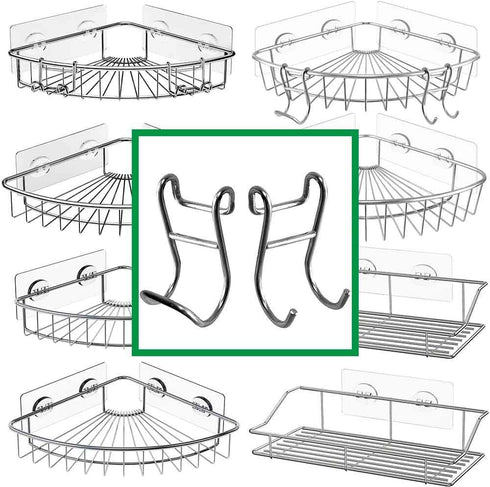 Shower Caddy Shelf Basket Rack Hooks, Stainless Steel Bathroom Hangers for Loofah, Towel, 2 Pack