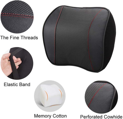 Car Headrest Neck Rest Pillow - 100% Memory Foam Leather Cushion for Driving, Relieve Neck Pain (Black)