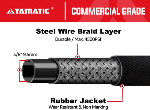 YAMATIC Pressure Washer Whip Hose with Swivel Steel Connector, 3/8" Jumper Hose 3FT For Hose Reel and Power Washer, 4000 PSI by YAMATIC