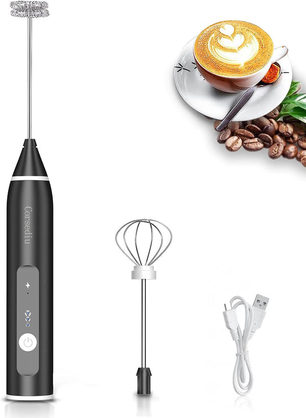 Rechargeable Electric Milk Frother, 3 Speeds Stainless Steel Whisk for Coffee, Cappuccino, Chocolate, Tea
