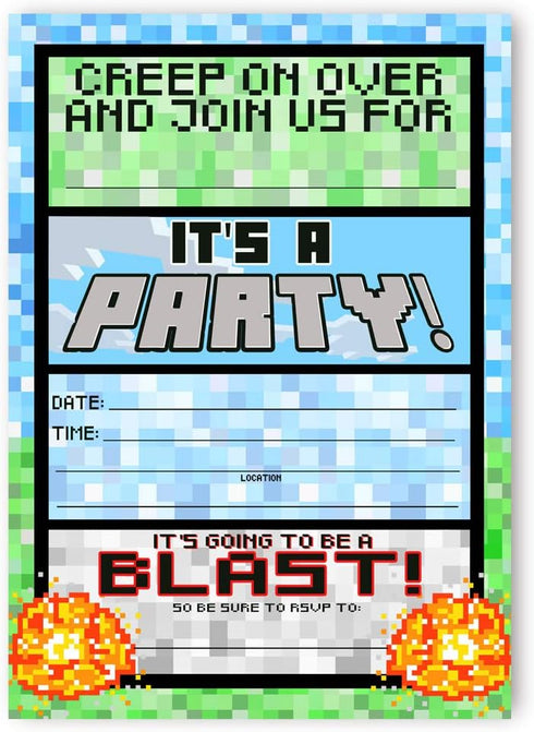 Pixel Party Invitations, 20 Double-Sided Invitations + 20 Envelopes, Video Game Truck Party Supplies