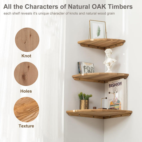 Set 2 7inch Corner Shelves, Floating Corner Shelf, of Solid Oak Wood Wall Shelves, Round End Wall Mount with Wire Hole