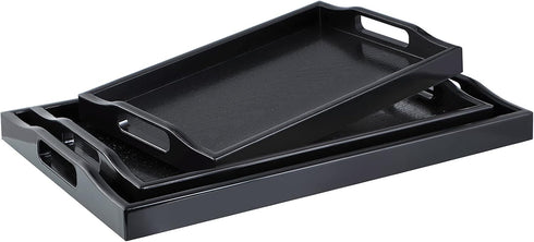 MDLUU Set of 3 Plastic Serving Tray - Black Ottoman Tray with Cutout Handles, Rectangle Butler Tray for Breakfast