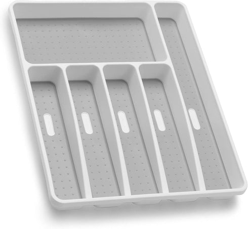 Silverware Organizer, Plastic Utensil Holder for Kitchen Drawer, 6 Compartment Flatware Organizer, White