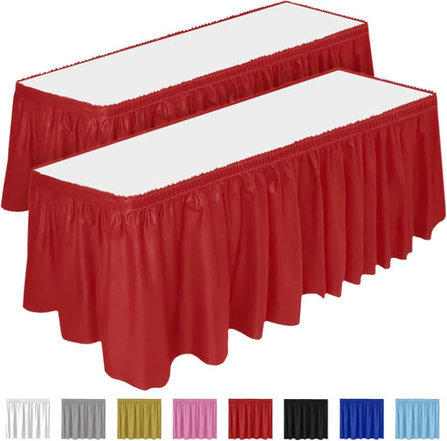 DecorRack 2 Pack Table Skirts, 29 in x 14 ft Each, Disposable & Reusable Rectangular Tablecloth Skirt, Red