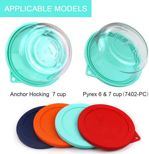 Sophico Round Silicone Storage Cover Lids - Replacement for Anchor Hocking and Pyrex 7402-PC 6/7 Cup Glass Bowls