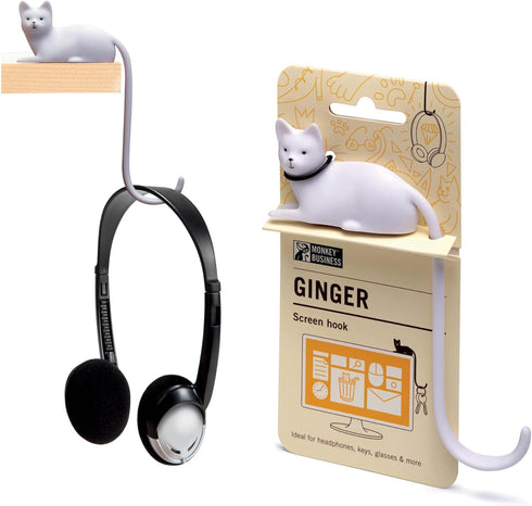 Monkey Business Ginger The Cat Tail Hook for Computer Screen, Decorative Desk Headphone Hanger for Accessories (White)