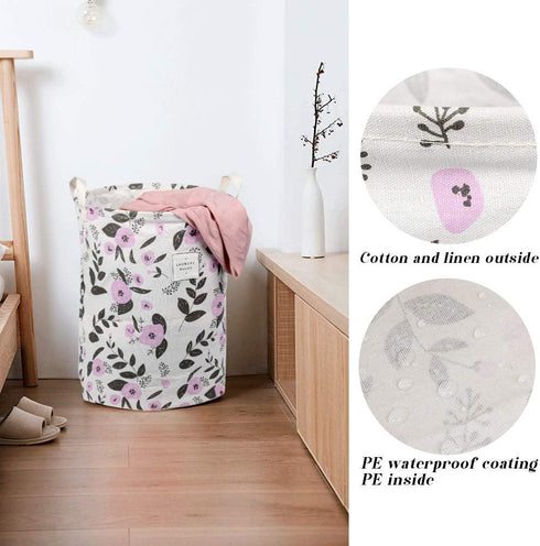 UUJOLY Collapsible Laundry Basket, Waterproof Round Cotton Linen Hamper - 19.7x15.7 inches, Purple