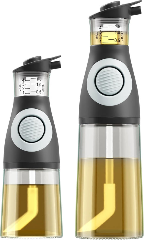 Set 2 Oil and Vinegar Dispenser - Glass Olive Oil Cruet Bottles with Measuring Cup - Non-Drip Kitchen Dispenser