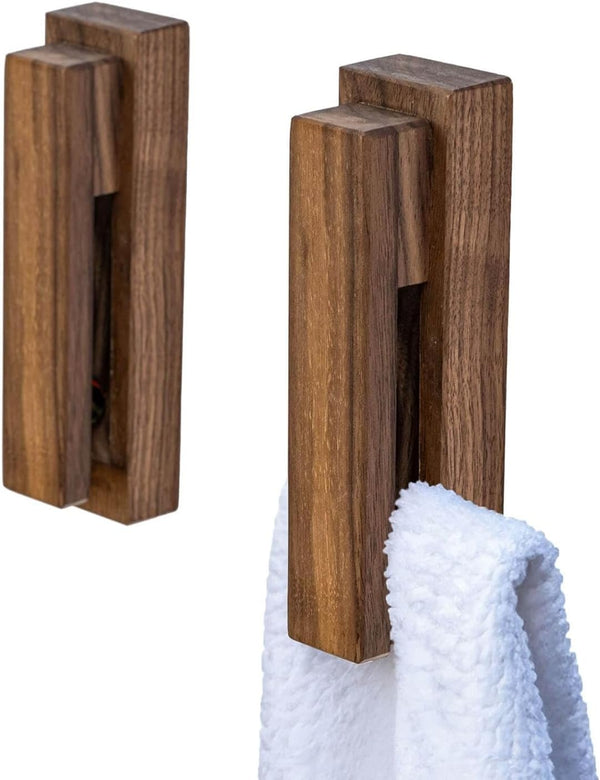 Wood Towel Hooks - Set of 2 Self Adhesive Vintage Towel Holder for Bathroom and Kitchen Decor, Walnut