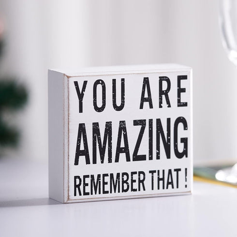 Inspirational Wooden Box Sign, You are Amazing Remember That Motivational Quote Desk Decor for Home Office Bedroom