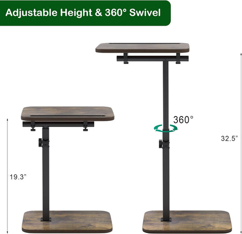 promitop 360 TV Tray Side Table for Couch - Swivel Adjustable Height Rotating Sofa Table C Table End Table Laptop Desk