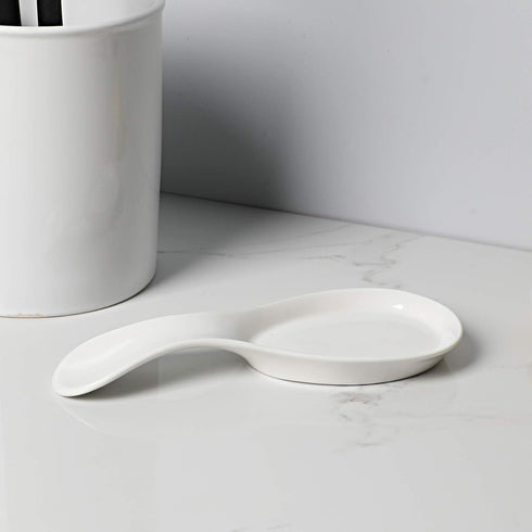 Large Porcelain Spoon Rest, Utensil Holder for Kitchen Counter, Dishwasher Safe (White)