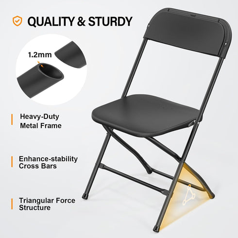1 Pack Commercial 350lb. VINGLI Black Plastic Folding Chair, Indoor Outdoor Portable Stackable Seat with Steel Frame