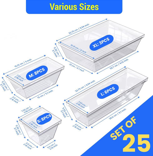 Yan & Hin Set of 25 Stackable Non-Slip Acrylic Organizers, 4 Sizes for Makeup Tray, Kitchen Drawer, Desk Drawer
