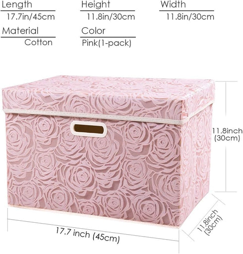 PRANDOM 1-Pack Larger Collapsible Storage Bin with Lid, Pink Fabric Decorative Box Cube Organizer for Bedroom, Closet,