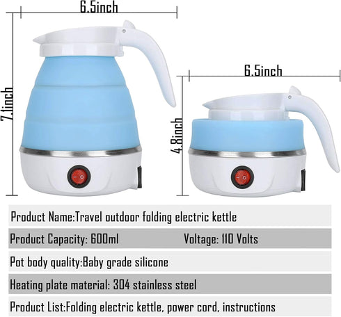Small Foldable Portable Electric Kettle, Silicone Collapsible Heating Water Boiler Tea Pot for Camping, Blue