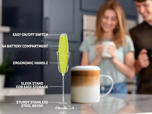 PRO Milk Frother Wand - Ultra High Speed Handheld Mixer with Upgraded Stand - Lime Green