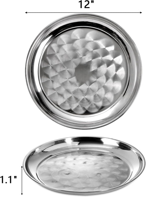 6 Pack 12 Inch ZEAYEA Stainless Steel Round Tray, Bar Serving Tray with Swirl Pattern, Silver Display Serving Platter