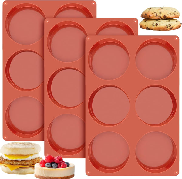 Ocmoiy 4 Inch Silicone Egg Molds, 3 Pack Non-Stick Jumbo Muffin Top Pans for Baking Hamburger Buns and Tarts
