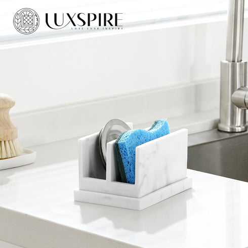 2 Luxspire Kitchen Sponge Holder, Dish Sponge Holder with with Drain Tray, Marble Sponge Holder for Kitchen Sink