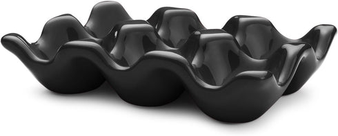 Flexzion Ceramic 6 Cups Egg Tray - Half Dozen Porcelain Egg Holder Container Keeper Storage Organizer Decorative Serving Dish Serveware for Refrigerator Fridge Countertop Display Kitchen (Black)