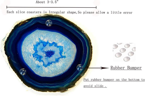 JIC Gem 3-3.5" Dyed Blue Color Small Size Agate Coasters Set of 4 with Protective Rubber Bumper