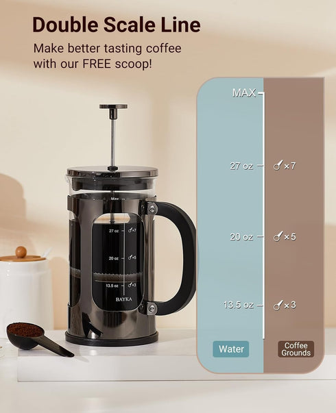 BAYKA 34 Ounce French Press Coffee Maker, Heat Resistant Borosilicate Glass with Stainless Steel