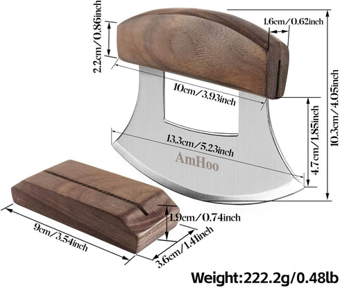 AmHoo Pizza Cutter Chef Mezzaluna Ulu Knife Handle Walnut Wood Grip Sharp Rocker Slicer Stainless Steel Blade Salad
